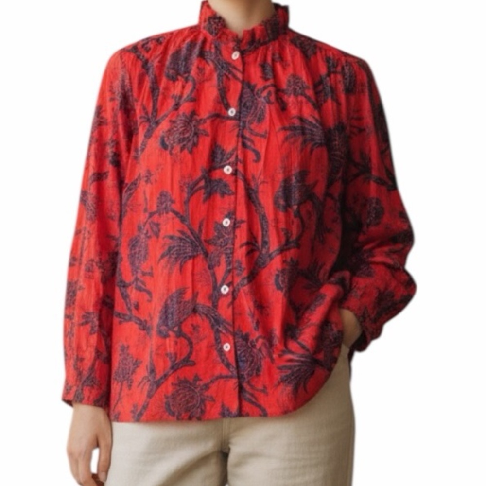 Mille Resort & Travel Red/Blue Floral Print Long Sleeve Cotton Blouse S